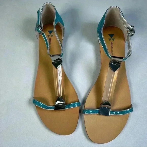Dani Black turquoise/silver snake flat sandals clear bar between straps Sz 9.5 - Picture 3 of 13